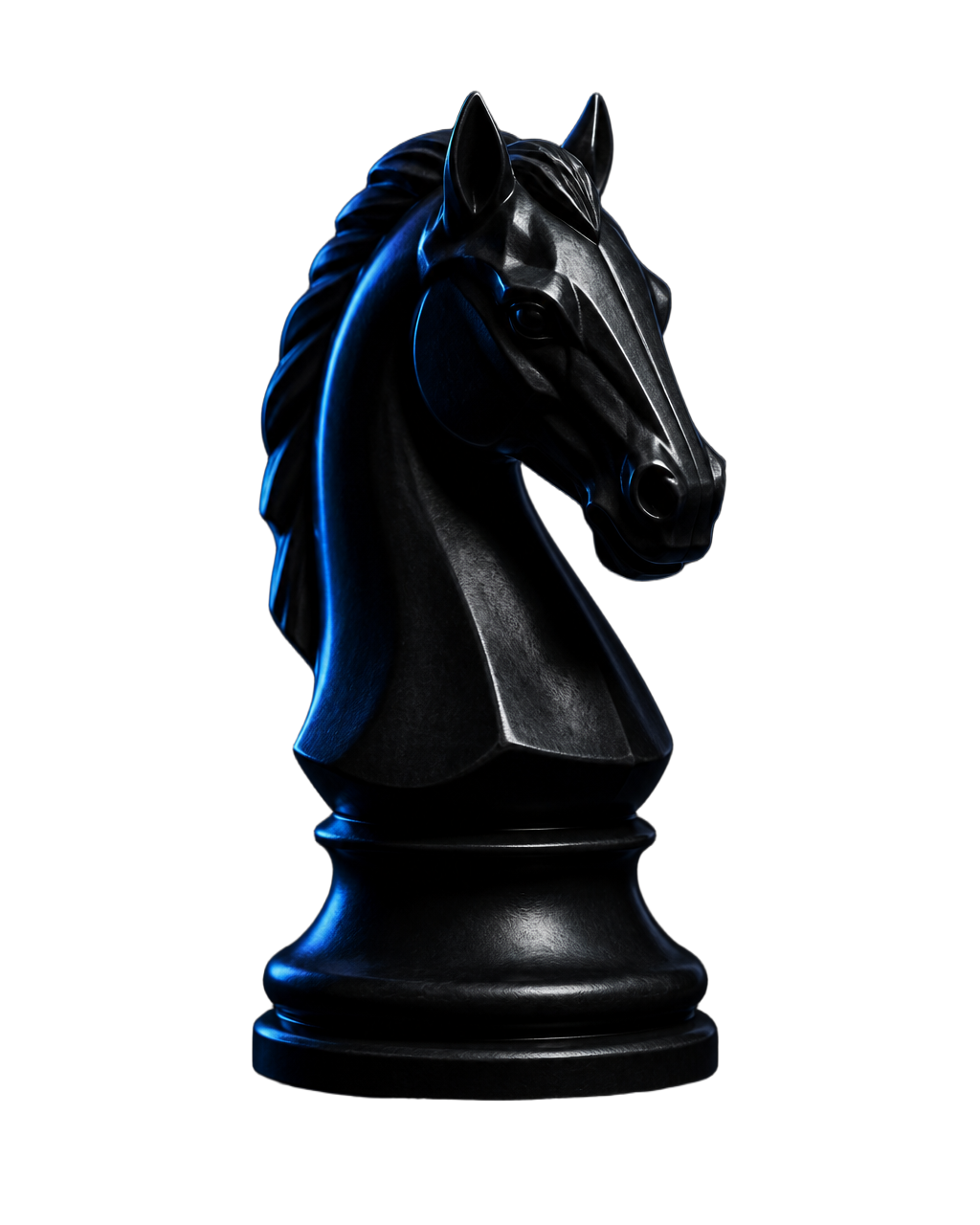 Obsidian knight chess piece rim-lit in blue